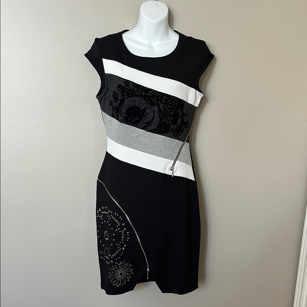 Desigual Black and White Asymmetrical Embellished Midi Dress